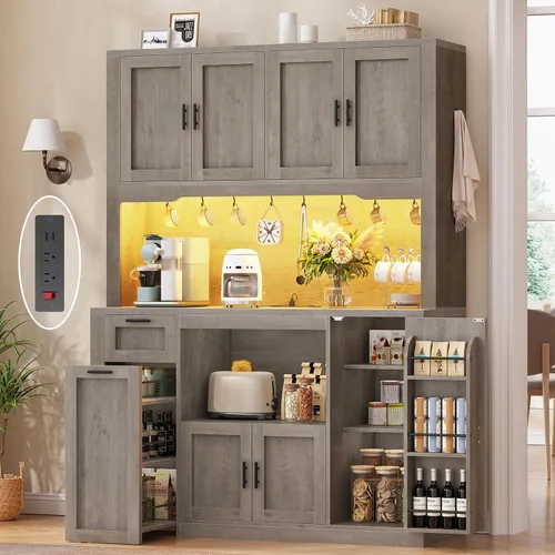 Miniatura 12 de Itaar Armario de despensa de 71 pulgadas con estación de carga y luz LED, armario de despensa de cocina con soporte para microondas, armarios