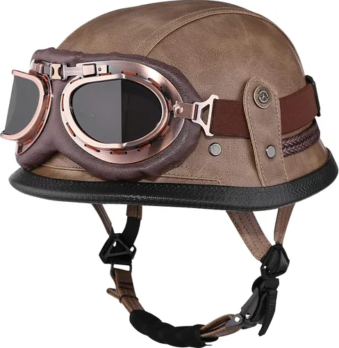 Miniatura 9 de Yesmotor - Casco de media cara estilo retro alemán de cuero hecho a mano con hebilla de liberación rápida y gafas protectoras - Aprobado por DOT