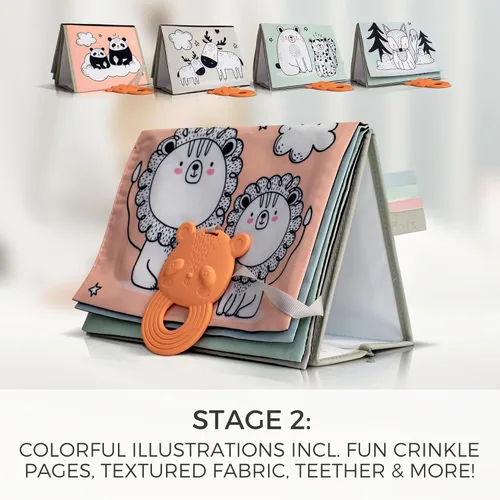 Miniatura 5 de Libro de tiempo de barriga suave con espejo estimulante seguro para bebés - Divertido juguete Montessori en blanco y negro con relleno arrugado y 20