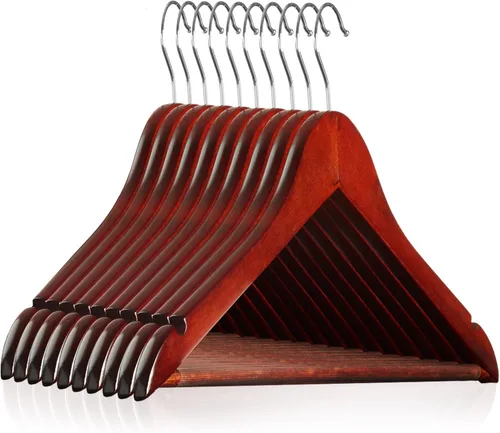 Casafield - 10 perchas de madera de cerezo para trajes, madera de loto de primera calidad con muescas y gancho giratorio cromado para ropa, abrigos,
