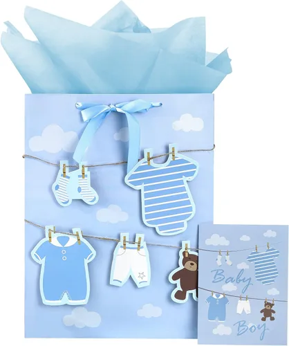 Loveinside Bolsa de regalo para bebé niño con papel de seda y tarjeta de felicitación para baby shower, nuevos padres y más, 16.5 x 12.6 x 5.7