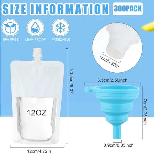 Miniatura 4 de Patelai 300 bolsas de plástico para líquidos, bolsas reutilizables para jugos, bolsas de viaje a prueba de fugas de agua a granel con embudo