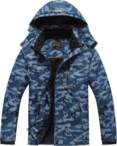 Pooluly - Chaqueta impermeable de invierno, esquí, snowboard, para hombre, con capucha, rompevientos. Azul marino (Navy Print)