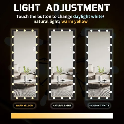 Miniatura 3 de ANYHI Espejo de cuerpo entero con luces, 62.6 x 23.3 pulgadas, espejo LED de cuerpo entero de pie con 22 bombillas regulables, espejo de piso