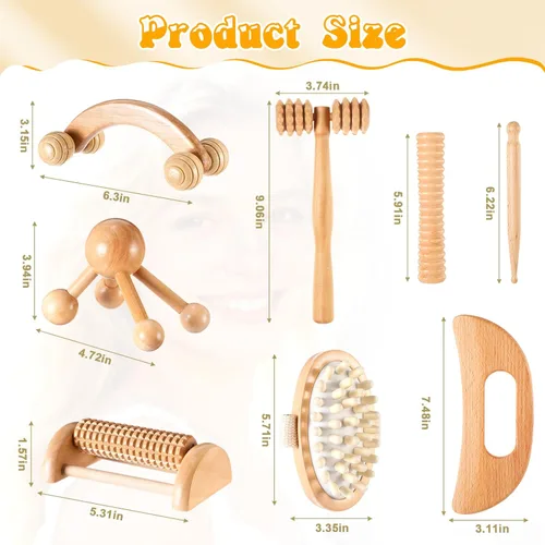 Miniatura 2 de TrelaCo Juego de 8 herramientas de masaje de terapia de madera, kit de masajes de drenaje linfático, rodillos de masaje manuales para aliviar