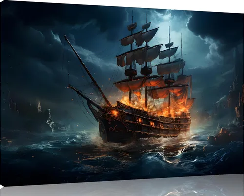 Miniatura 25 de TutuBeer 3 Piezas Arte de Pared Batalla Naval Barco Imagen Barco Pirata Velero Póster Barco Pirata Azul en Llamas Imagen Impresa en Lienzo Póster