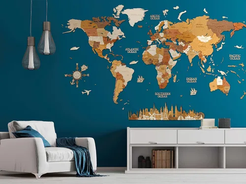 Miniatura 16 de Decoración de pared de mapa del mundo de madera, multicapa, madera teñida multicolor, nombres grabados, diseño 3D único, para cocina, oficina