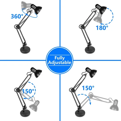 Miniatura 2 de AmeriTop Lámpara de escritorio de metal, negro, brazo ajustable, extensión de 18 pulgadas, listado UL