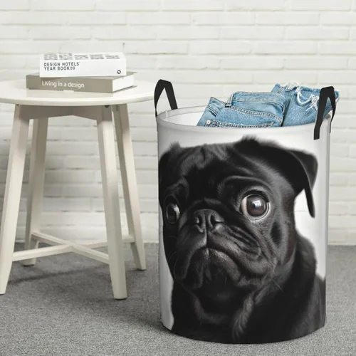 Miniatura 8 de Cute Black Pug Dog print Circular Hamper Waterproof Storage Bin Organizer Basket Laundry Hamper With Handles For Clothes Toys Small