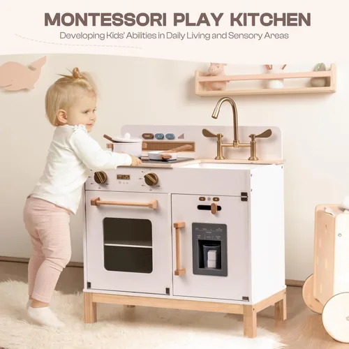 Miniatura 2 de ROBOTIME Juego de cocina para niños pequeños, juego de cocina de madera para niños con luces reales y sonidos/dispensador de cubitos de hielo, Blanco