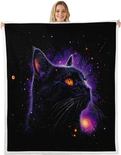 Manfei Manta Kawaii con estampado de gato estrellado para niños y niñas, decoración de habitación de niños y niñas, manta negra Kawaii animal para