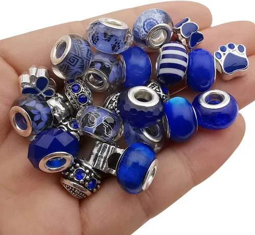 50 piezas surtidas de cuentas de vidrio de imitación de resina azul oscuro europeo con agujeros grandes, cuentas de diamantes de imitación de metal