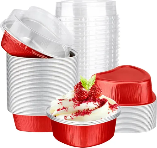 Miniatura 10 de EUSOAR Moldes para hornear en forma de corazón, de papel de aluminio, de 3.4 onzas, con tapas, aperitivos, postres, flan, cupcakes, tartas, ramekin