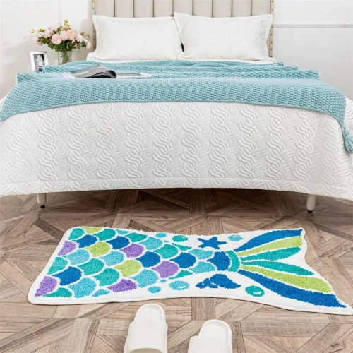 Miniatura 7 de Bonita alfombra de baño de sirena, divertida alfombra de baño con forma de cola de pez océano azul, escamas de sirena, para baño, antideslizante