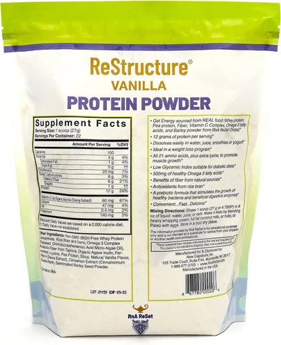 Miniatura 2 de RnA ReSet - Proteína en polvo ReStructure, Keto, Fórmula Paleo, 1G de azúcar, 1G de carbohidratos netos, solo 80 calorías por porción. Vainilla