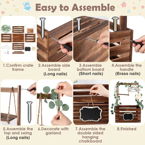 Miniatura 8 de Caja de madera para baby shower con asa y guirnalda, cestas de gran capacidad para baby shower, cestas de baby shower de fácil montaje