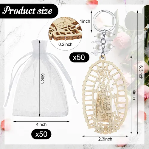 Miniatura 2 de Hicarer Llavero de madera con diseño de bautismo Nuestra Señora de Guadalupe con bolsas de regalo de organza para bautismo, bautizo, comunión
