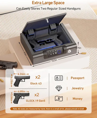 Miniatura 6 de Caja fuerte biométrica BILLCONCH para pistolas con 3 formas de desbloqueo por huellas dactilares, clave PIN digital y llave, caja fuerte para armas