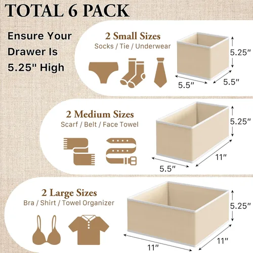 Miniatura 2 de Simple Houseware Organizador de cajones de ropa interior para lencería, ropa interior, brasier, bragas, calcetín, mameluco, juego de 6, beige