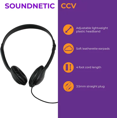 Miniatura 2 de Soundnetic SNCCV - Paquete de 10 auriculares estéreo con almohadillas de cuero sintético y control de volumen, color negro, ideales para escuelas