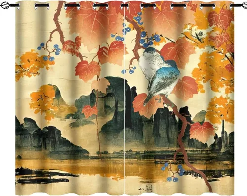 Miniatura 12 de Cortinas opacas para oscurecer la habitación con ojales, diseño de flores japonesas con ojales, arte retro de primavera y ramas florales, arte