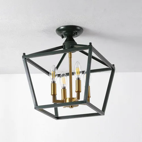 Miniatura 8 de JONATHAN Y Plains 12" Dark Green and Brass Gold 4-Light Iron Semi Flush Mount Lantern, Modern Farmhouse Open-Frame Pagoda with Metal Cage for