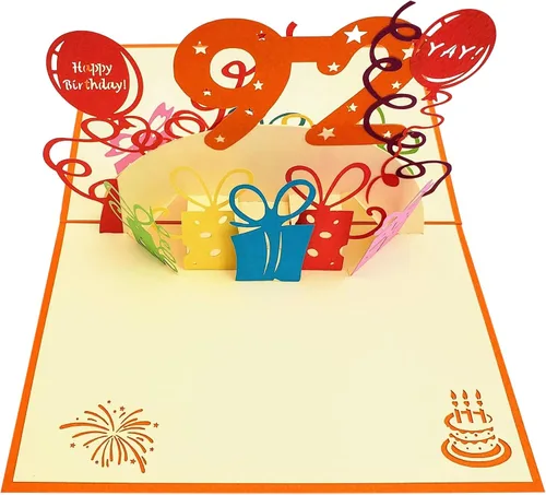 Miniatura 3 de iGifts And Cards Tarjeta desplegable 3D de cumpleaños 92, regalos coloridos y celebración de hitos de globos, saludo sincero para personas mayores