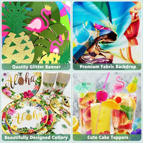 Miniatura 4 de Luau - Decoraciones para fiesta de cumpleaños, 321 piezas, suministros de fiesta hawaiana tropical Aloha para verano, playa, vacaciones, juego