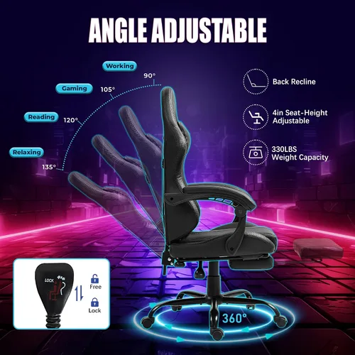 Miniatura 6 de Silla de masaje para juegos con reposapiés, silla ergonómica de PC con respaldo alto con reposacabezas y lumbar, silla giratoria de PU para Negro