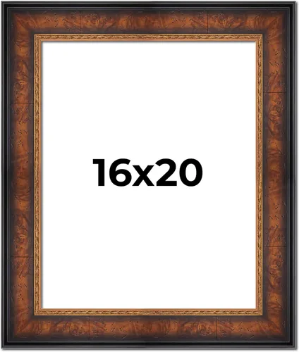 Marco de fotos de madera maciza de nogal marrón con adornos dorados, 16 x 20 pulgadas, ancho de moldeo de 3 pulgadas, con plexiglás acrílico UV,