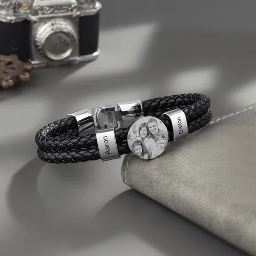 Miniatura 6 de Pulsera de cuero personalizada para hombre, grabada con nombre, imagen, foto, cuerda trenzada para papá, marido, abuelo, novio