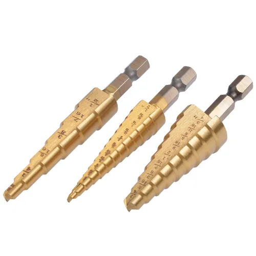 KATUR Juego de 3 brocas clásicas de titanio, sierra de cono universal, cuchillas de corte HSS de doble ranura recta, vástago hexagonal de 1/4