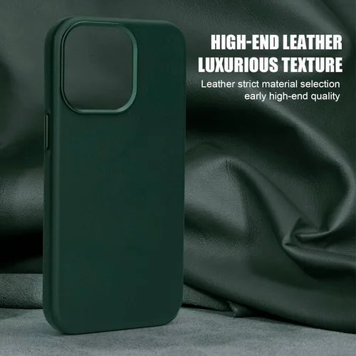 Miniatura 2 de Funda de cuero genuino para iPhone 13 Pro, cuero de grano completo, compatible con MagSafe y carga inalámbrica, bisel de la cámara con botones Verde
