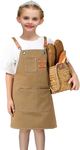 Miniatura 2 de Delantales ajustables para niños, herramienta impermeable para cocinar, pintura, jardinero, lienzo delantal para niñas y niños de 6 a 12 años Marrón