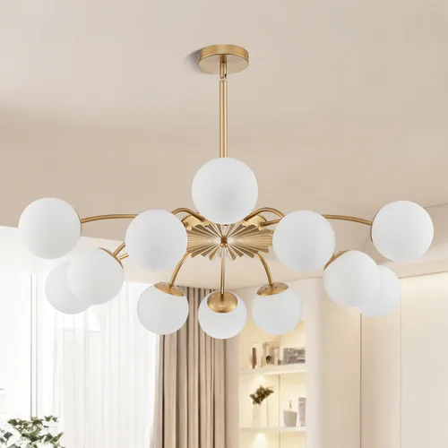 Miniatura 12 de Longree Sputnik - Lámpara de techo semiempotrada con forma de globo de vidrio de leche de 6 luces, color dorado, arte de mediados de siglo, moderna