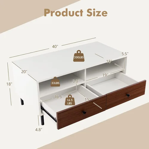 Miniatura 3 de Giantex Mesa auxiliar rectangular de madera, mesa central moderna de 2 niveles con 2 cajones, 2 estantes de almacenamiento, fácil montaje, soporte