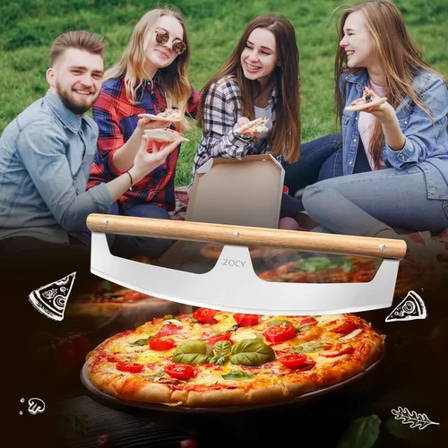 Miniatura 6 de Cortador de Pizza Basculante con Mangos de Madera y Cubierta Protectora por Zocy, Rueda Cortadora de Pizza de Acero Inoxidable Afilado de 16