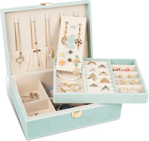 Joyero organizador de 2 capas para mujeres y niñas, estuche de almacenamiento para aretes, anillos, collares, regalo para mujeres (verde)