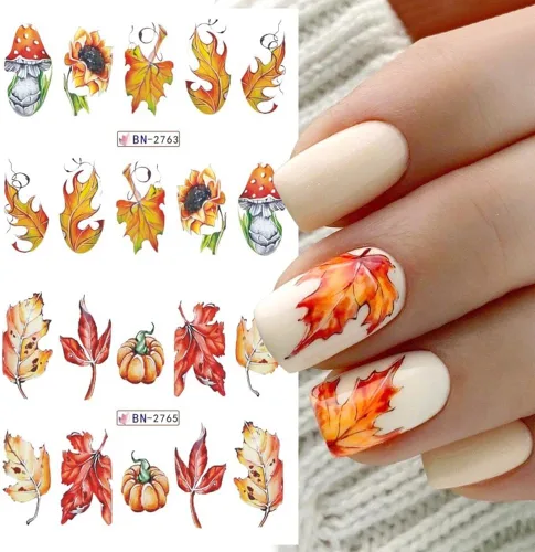 Miniatura 2 de 12 hojas de calcomanías de uñas de otoño de Acción de Gracias para arte de uñas, hojas de arce, calcomanías de calabaza para uñas de transferencia