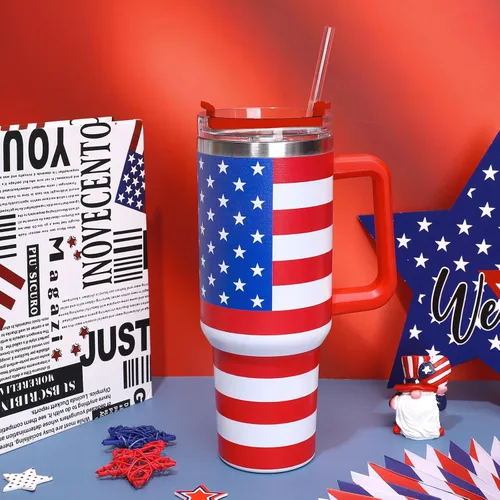 Miniatura 5 de Whaline Vaso patriótico del 4 de julio de 40 oz con asa, pajita y tapa, estrellas y rayas en rojo, azul y bandera de EE. UU., vaso de viaje del día