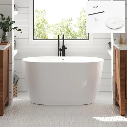 Miniatura 16 de FerdY 59" Bañera de acrílico independiente Bali Elite, bañera independiente de inmersión con forma elegante, certificada cUPC, desagüe negro Toe-Tap