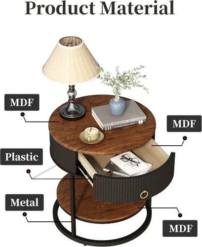 Miniatura 6 de OIOG - Mesa auxiliar redonda con cajón, mesa auxiliar moderna de madera con estante, mesa de noche de 2 niveles con cajón para sala de estar, Negro