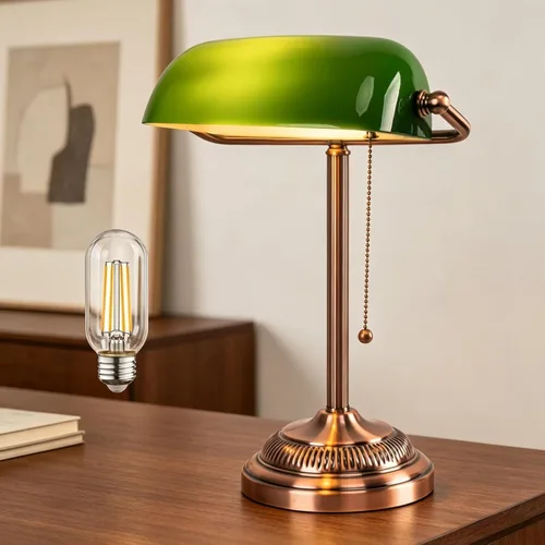 FIRVRE Lámpara de escritorio de cristal verde, lámpara tradicional de banquero, lámpara de escritorio vintage con interruptor de cadena de tracción,