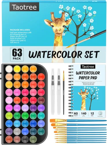 Taotree Juego de pintura de acuarela, libro de ejercicios de acuarela, libro para colorear al agua, kit de acuarelas de 48 colores con 10 pinceles