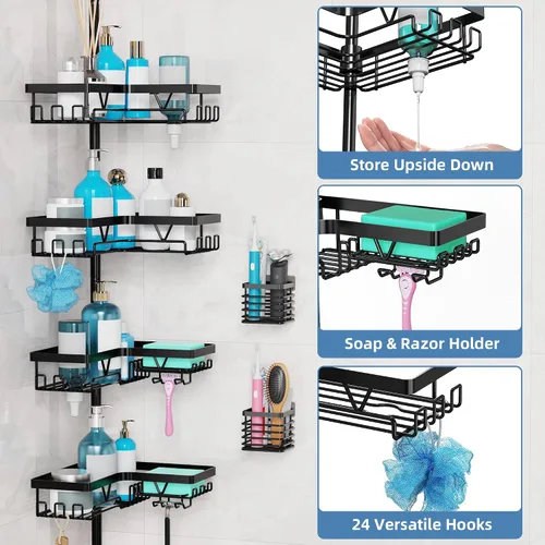 Miniatura 2 de KEGII Juego de 2 soportes para cepillos de dientes de montaje en pared con poste de tensión, organizador de baño inoxidable con soporte para jabón