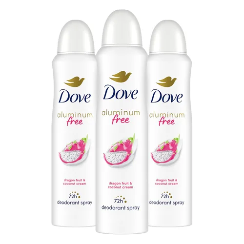 Dove Desodorante en aerosol sin aluminio para mujer, paquete de 3 unidades de fruta de dragón y crema de coco, 72 horas, protección contra olores, 4