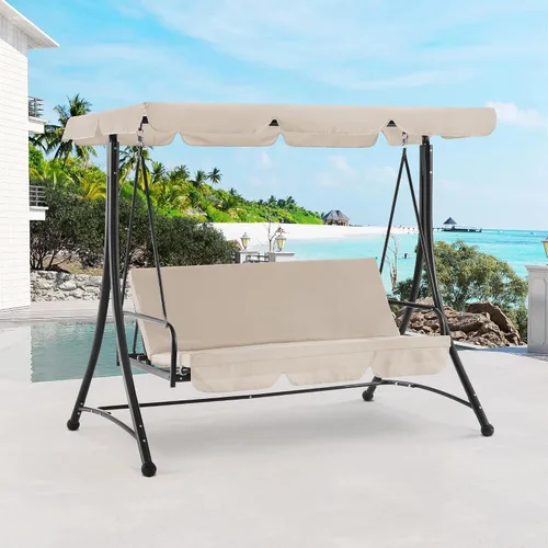 Miniatura 5 de MCombo Columpios de patio de 3 asientos con marco de acero resistente a la intemperie, toldo ajustable, columpio reclinable para porche al aire Beige