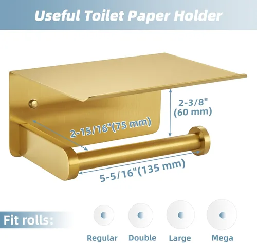 Miniatura 9 de APLusee Soporte de papel higiénico dorado cepillado con estante, colgador de papel higiénico compacto montado en la pared de acero inoxidable 304