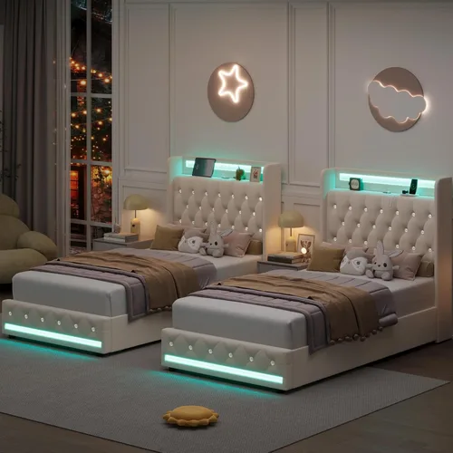 Miniatura 7 de HIFIT Marco de cama tapizada tamaño individual LED con cabecera de estación de carga y 4 cajones de almacenamiento, marcos de cama de plataforma