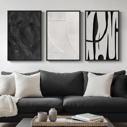 Miniatura 34 de Arte abstracto neutro en blanco y negro para sala de estar, 3 cuadros de impresiones en lienzo, para paredes, imágenes geométricas minimalistas